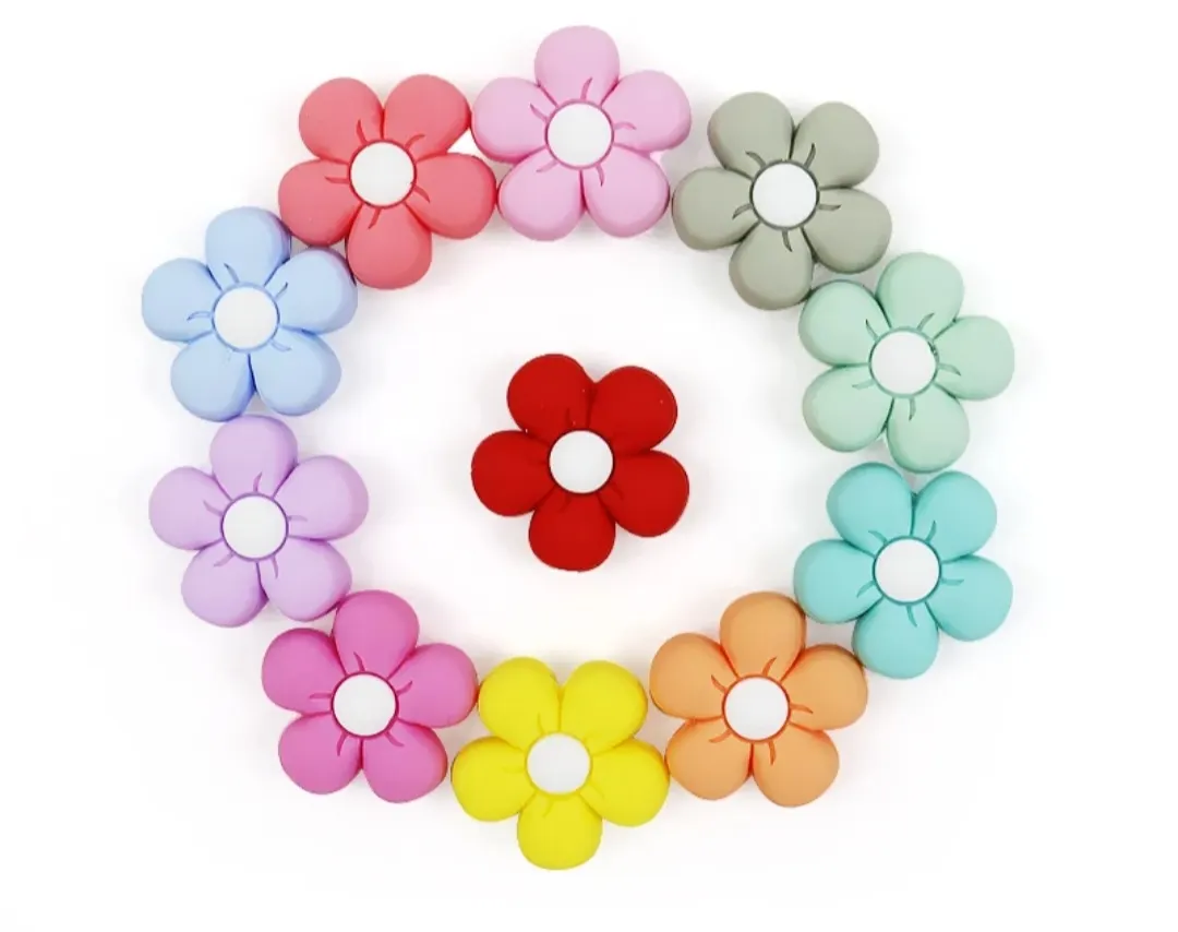 Cute chunky flower shape silicone focal beads for chain holder and pens baby soft chewing , mix colors 23*23mm
